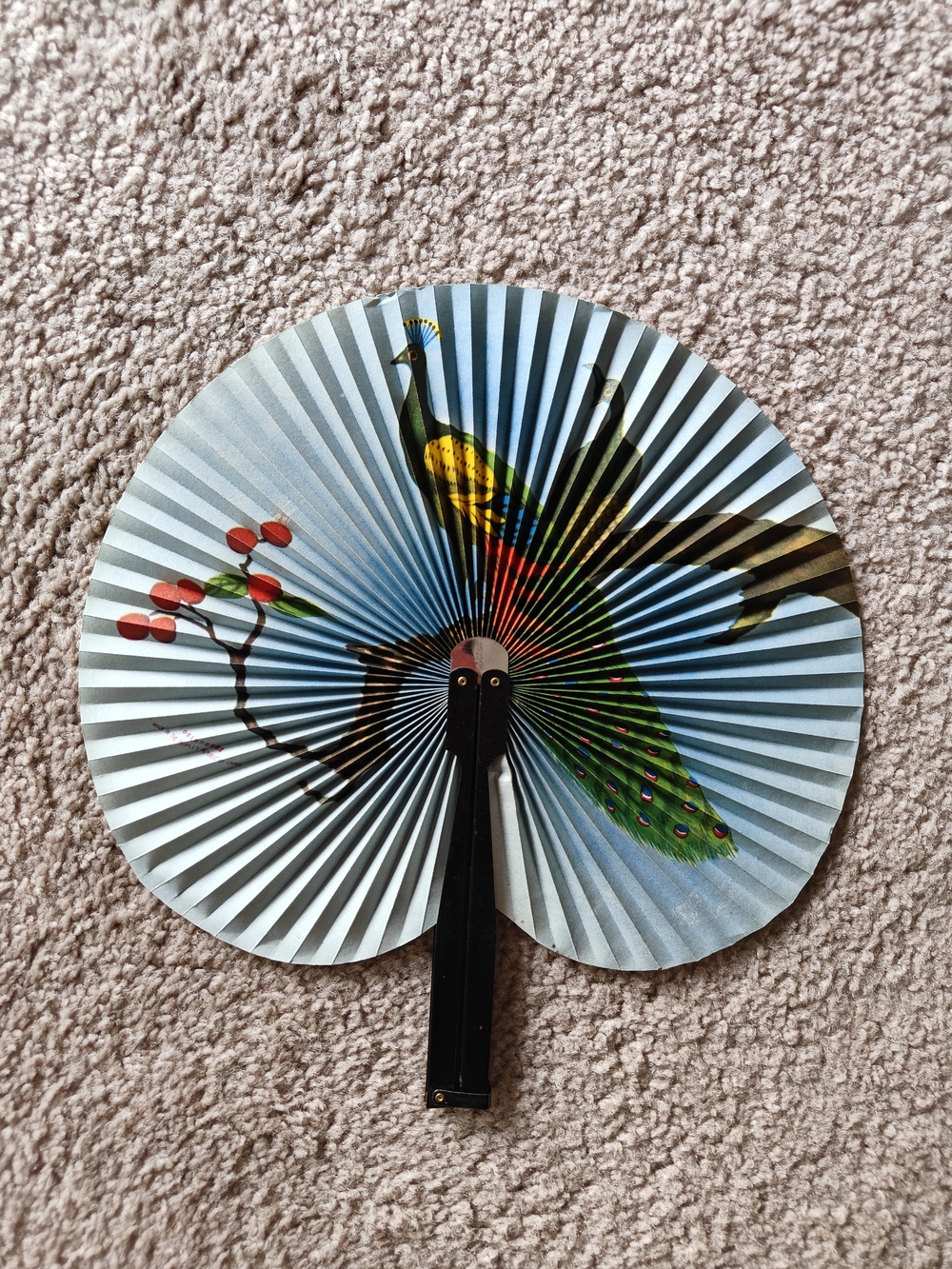 Handheld Folding Fan with Colorful Peacock Design